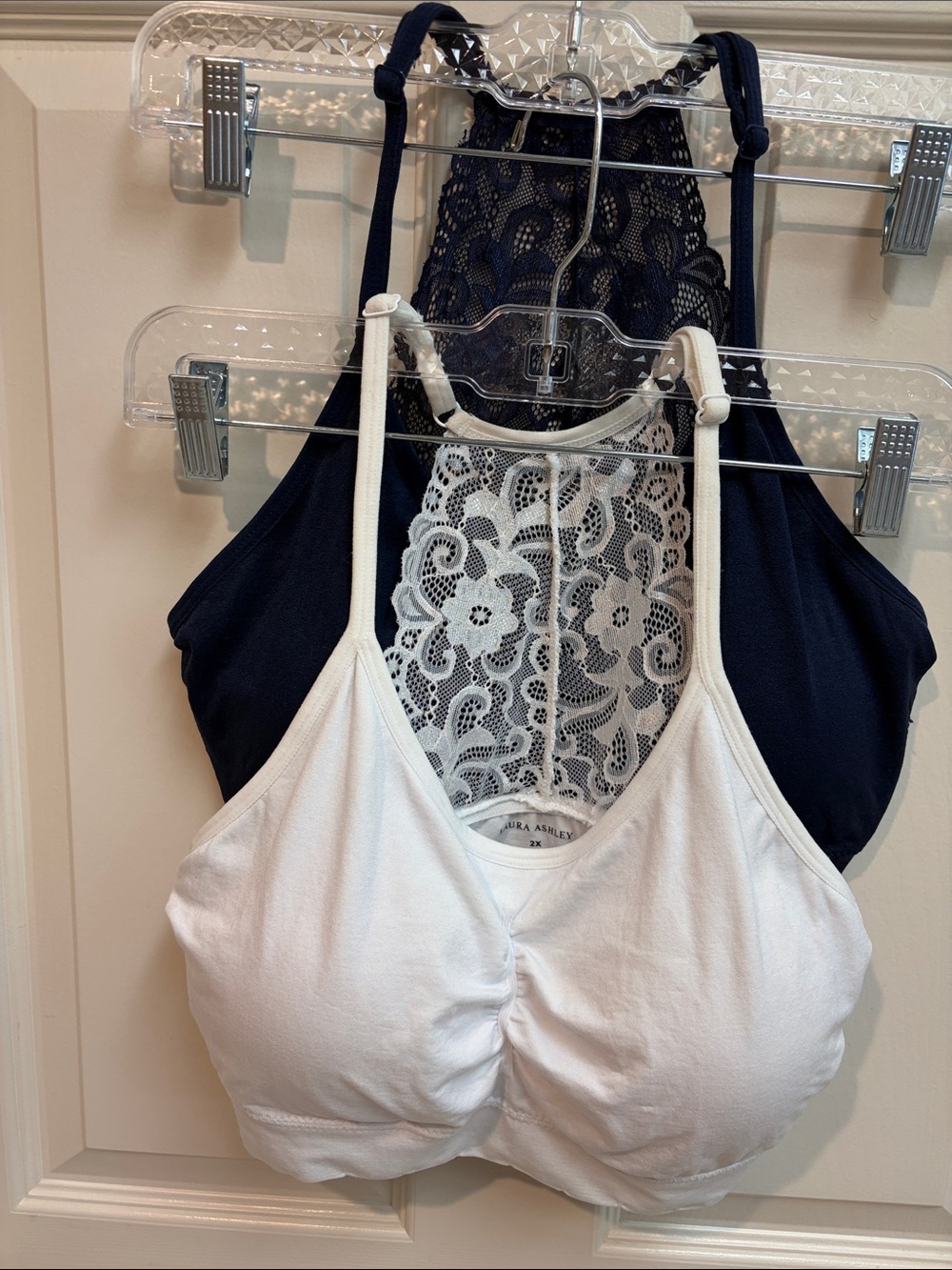NWOT Set/2 Laura Ashley White & Navy Back Lace-Trim Bralettes SZ 2X